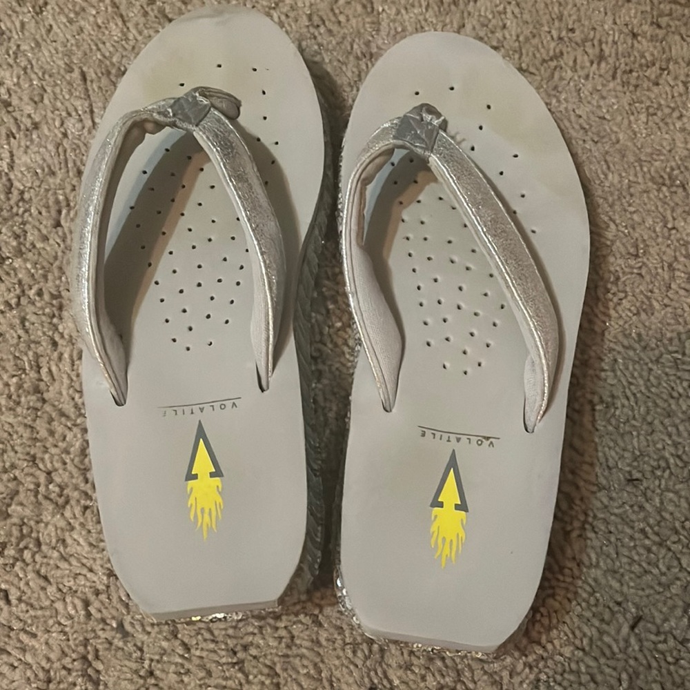 Volatile silver sequined flip-flops, size 6